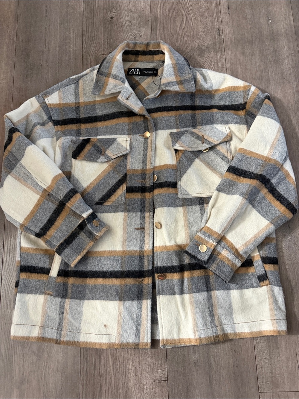 ZARA Cream, Gray & Tan Plaid Lightweight Shacket Jacket